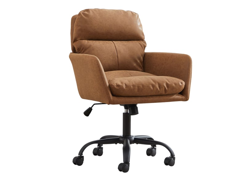  Chaise de bureau réglable en hauteur en cuir régénéré marron, avec accoudoirs et roulettes pour le travail  - Conforama A
