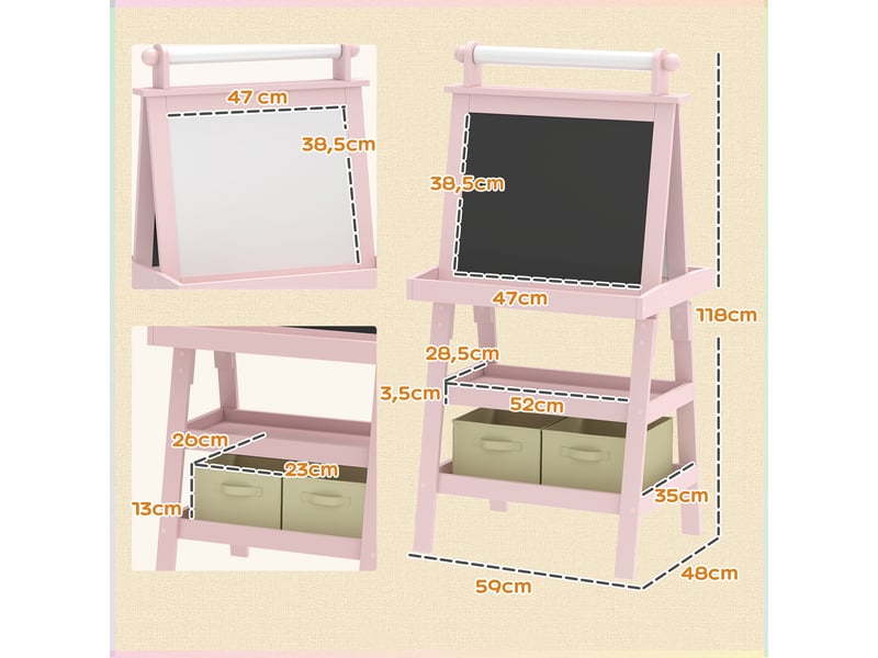  Arkswift, tableau chevalet enfant 3 en 1 avec tableau blanc magnétique, tableau à craie, rouleau papier, 2 paniers, 3-6 ans, rose  - Conforama E
