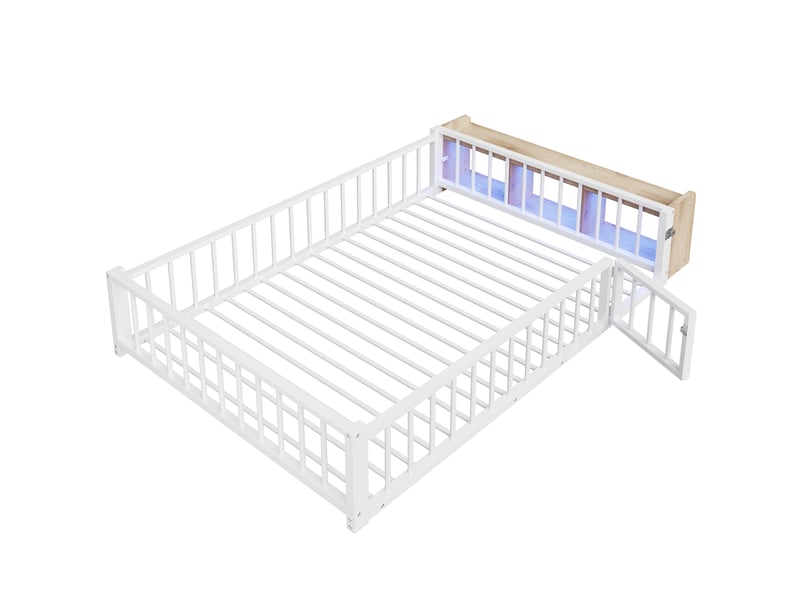 Lit bas métal 140x200 cm blanc avec garde-corps, casiers et éclairage led - Conforama D