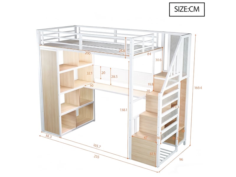  Lit mezzanine 90 × 200 cm 1 place avec bureau, rangements, led réglable et placard, sans matelas, métal blanc  - Conforama D