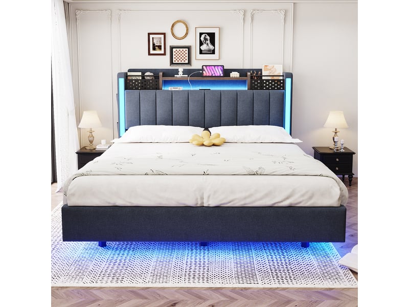  Lit coffre 140x200 cm avec led, prise usb, tête de lit avec rangement, effet suspendu, tissu lin, gris OMNIGLINT TRADING LTD - Conforama D