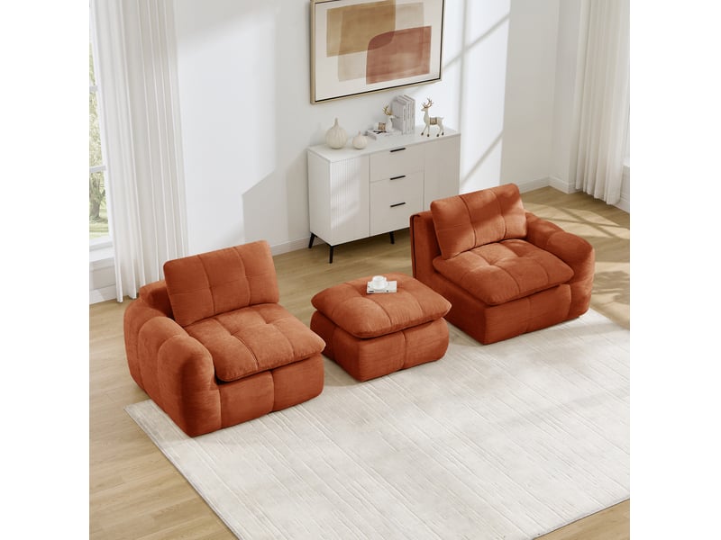  Canapé d’angle modulable 2 places modenvie avec 1 ottoman, design matelassé à carreaux, revêtement chenille, base antidérapante, sans montage, 194 x 160 x 68 cm, orange  - Conforama D