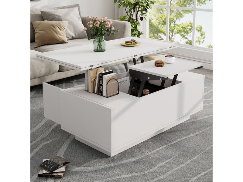  Table basse relevable blanche avec rangement caché, double plateau, 100x50 cm, charge 50 kg  - Conforama E