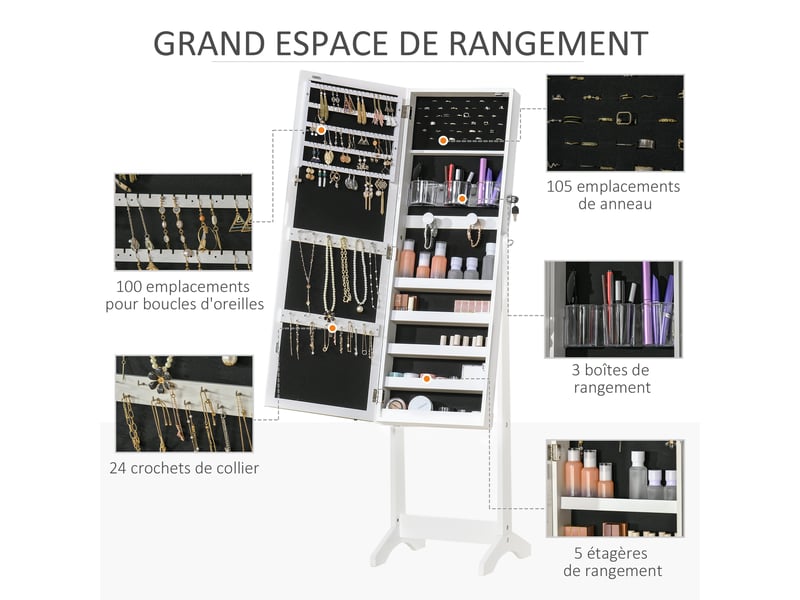 Armoire à bijoux led avec miroir sur pied range bijoux avec éclairage à tactile écran blanc - Conforama R