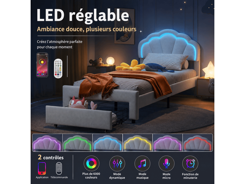 Lit simple capitonné 90x200 cm avec led et tiroirs - lit enfant avec tête de lit réglable en hauteur - sommier à lattes - lit enfant 90x200 cm - lit simple fille avec éclairage led rgb et tiroir - tête de lit réglable - sommier … - Conforama W