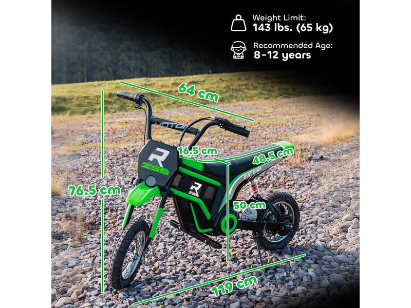 Moto électrique pour enfants avec accélérateur manuel, 2 vitesses (8-16 kmh), 8-12 ans, verte - Conforama E