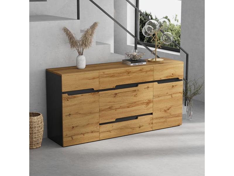  Buffet moderne 160x40x80 cm avec 2 portes et 4 tiroirs, meuble de rangement noir et bois pour salon  - Conforama W