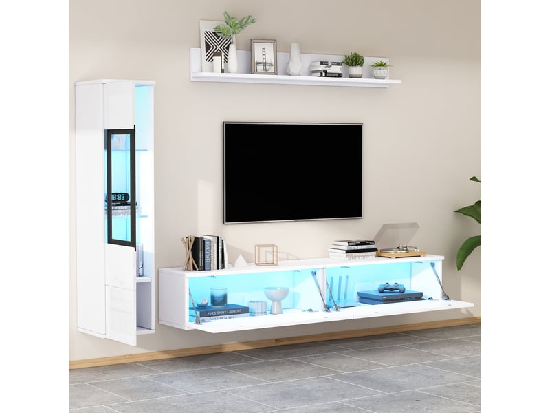  Ensemble meuble tv mural blanc laqué brillant 3 pièces avec éclairage led rgb - 180 cm  - Conforama W