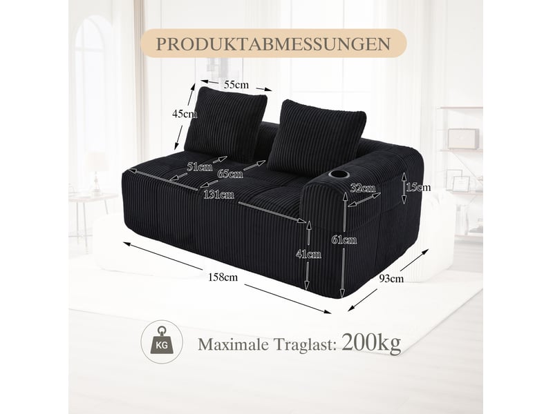  Canapé fixe 2 places en velours côtelé noir avec rangements latéraux et porte-gobelets  - Conforama E