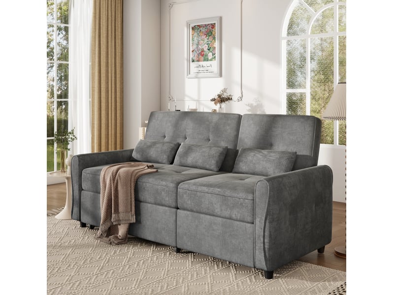  Canapé convertible 3 places avec dossier réglable et assise extensible, repose-pieds et 3 coussins en chenille gris  - Conforama E