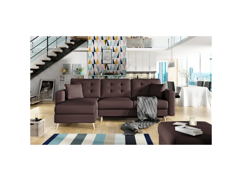  Canapé d'angle convertible hasgard 3 places marron 248x162 cm – coffre et pieds bois  - Conforama D