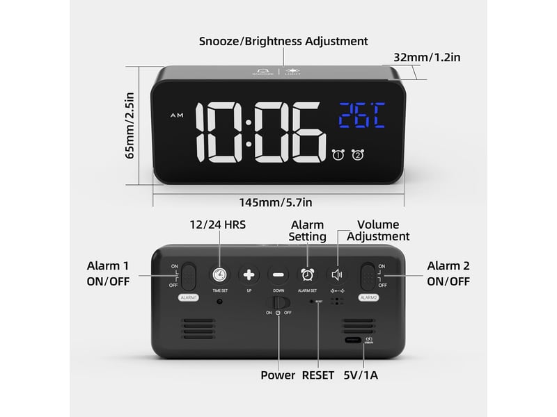 Réveil numérique avec grand affichage de la température led, alarme de miroir portable avec double alarme roupillon temps gradateur(noir) - Conforama B