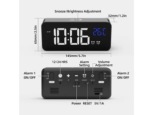 Réveil numérique avec grand affichage de la température led, alarme de miroir portable avec double alarme roupillon temps gradateur(noir)