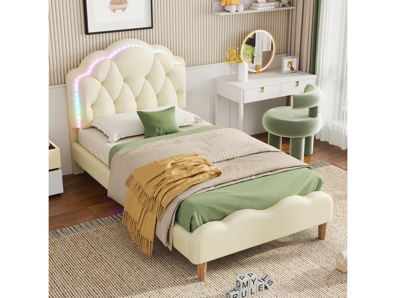  Modenvie lit enfant 90x200 cm - tête de lit ondulée avec led multicolore, sans matelas - beige  - Conforama E