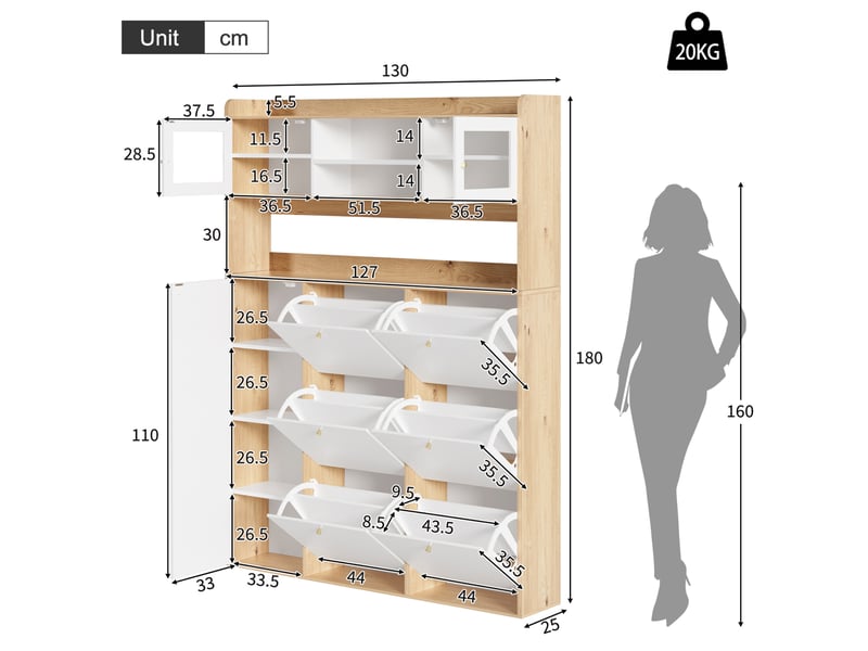  Meuble à chaussures 130x25x180 cm avec led, 6 abattants blanc et naturel  - Conforama C