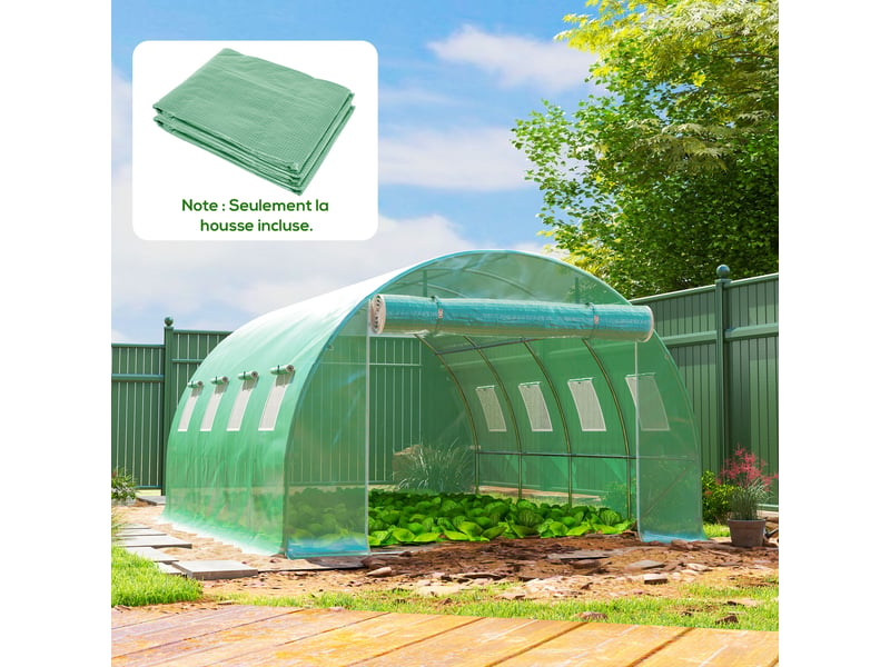 Bâche de rechange serre tunnel 12 m² 4 x 3 x 2 m pe anti-uv imperméable 8 fenêtres + porte enroulable zippée vert  - Conforama D