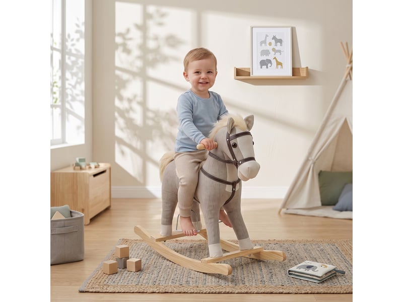  Bascule bébé - cheval à bascule effets sonores hennissement et galop selle étrier rênes gris  - Conforama E