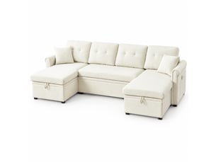 Canapé d'angle panoramique convertible <strong>MODENVIE</strong> <strong></strong> 4 places Tissu beige avec coffre de rangement