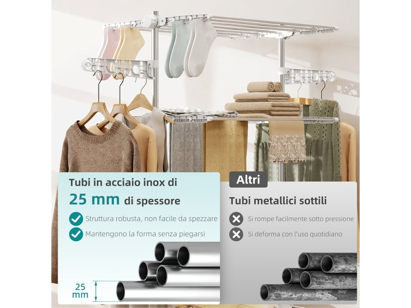 Étendoir à linge vertical pliable en acier et plastique avec 6 roulettes et 4 étagères réglables, 142 x 55 x 172 cm  - Conforama E
