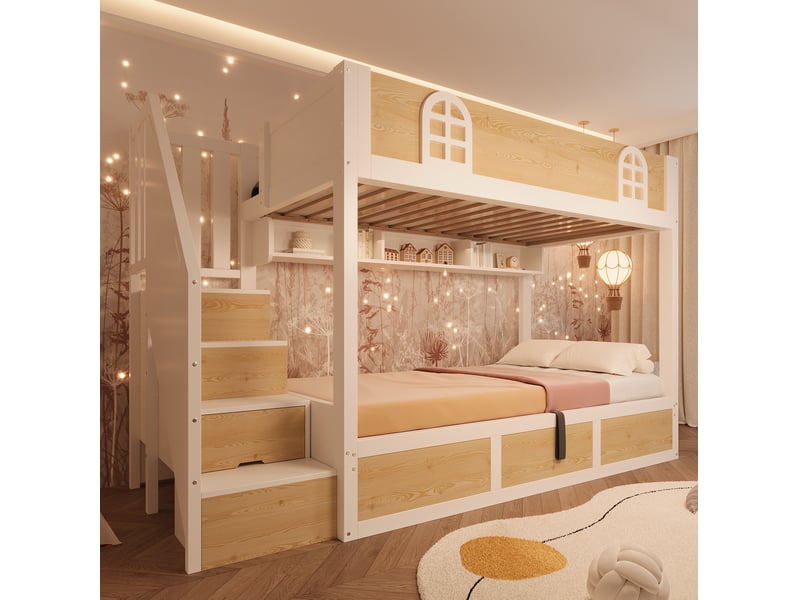  Lit superposé enfant 90x200 cm avec escalier de rangement coloris blanc et naturel  - Conforama E