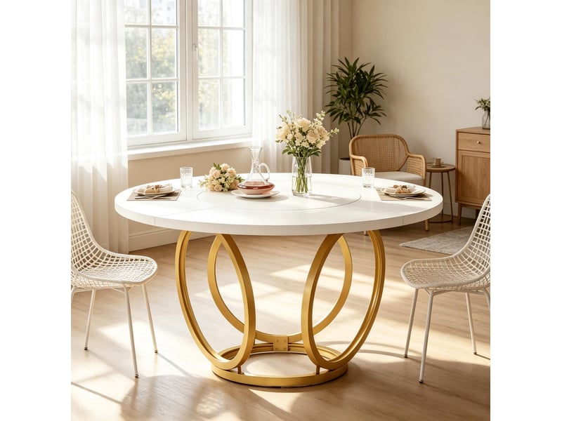 Table de salle à manger ronde pour 4 à 6 personnes avec plateau mdf et piètement acier blanc et doré 120 × 120 × 77 cm - Conforama D
