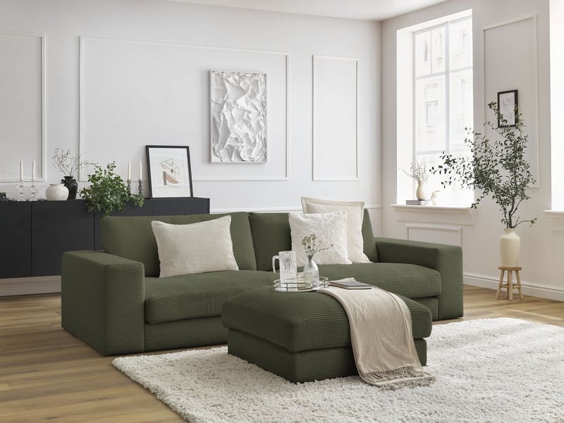  Bobochic canapé droit fixe 3 places leonard velours côtelé avec pouf vert clair LEONARD - Conforama B