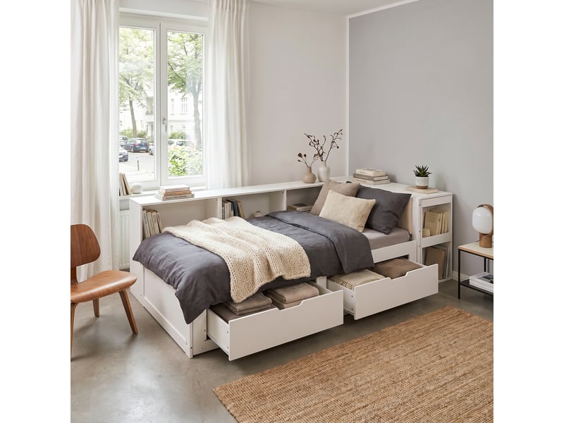  Lit combiné 90×200 à 180×200 cm 3-en-1 en l avec bureau et rangement, cadre en bois et mdf, sommier à lattes, tiroirs sous le lit et étagères ouvertes, tête de lit rembourrée  - Conforama D