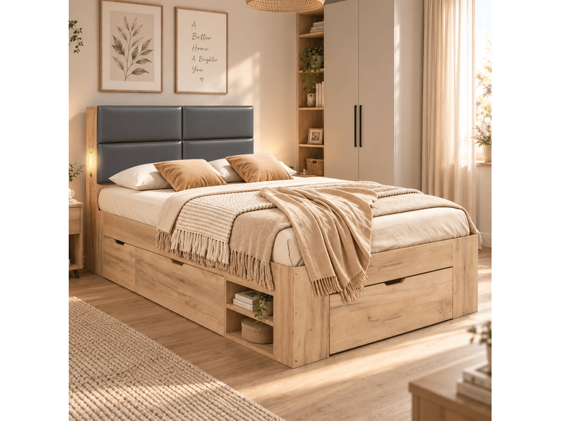 Lit enfant 90x200 cm, lit simple avec rangement, usb, usb-c et tête de lit en pu, naturel, sans matelas - Conforama R
