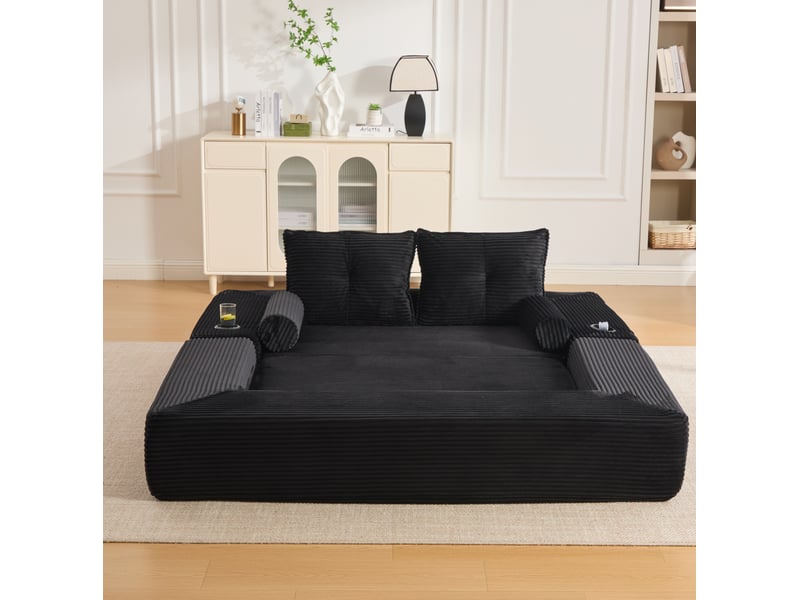  Canapé convertible 2 places 180x98x80 cm, coussin d'assise mémoire de forme, coussins décoratifs, velours côtelé, noir  - Conforama B