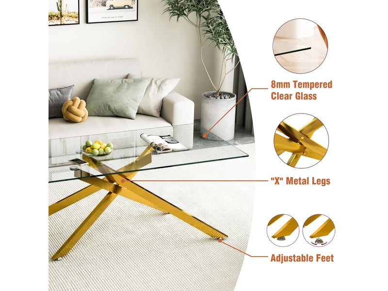 Table basse rectangulaire en verre trempé - lpospi - piètement croisé en métal doré 120 × 60 × 46 cm - Conforama E