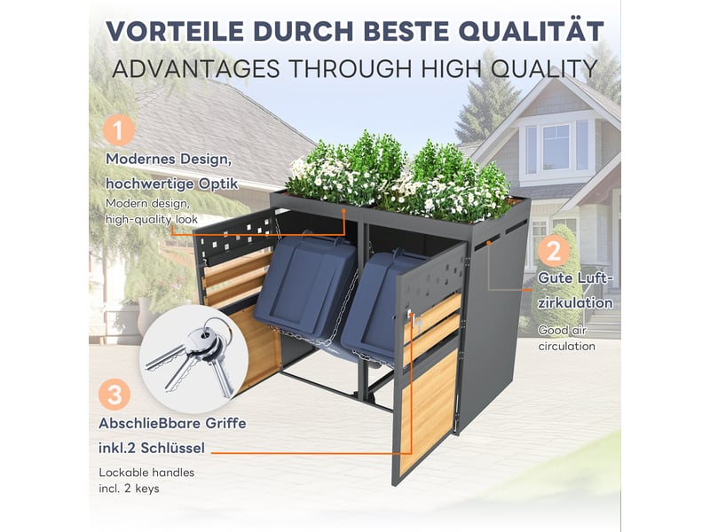 Abri poubelle avec toit végétal - capacité 120-240 litres - design moderne et attrayant - acier galvanisé résistant 264x80x125cm - Conforama D