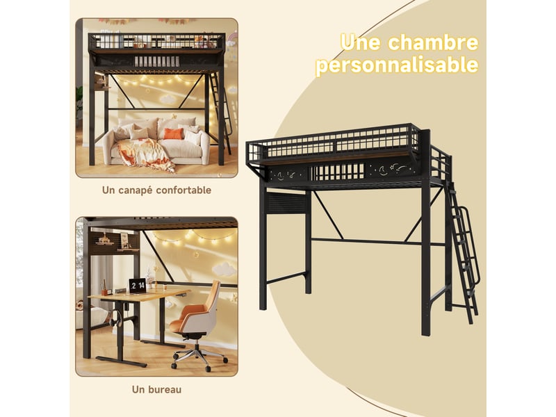  Lit mezzanine 90 × 200 cm 1 place avec rangements et espace inférieur ouvert, sans matelas, en métal noir  - Conforama E