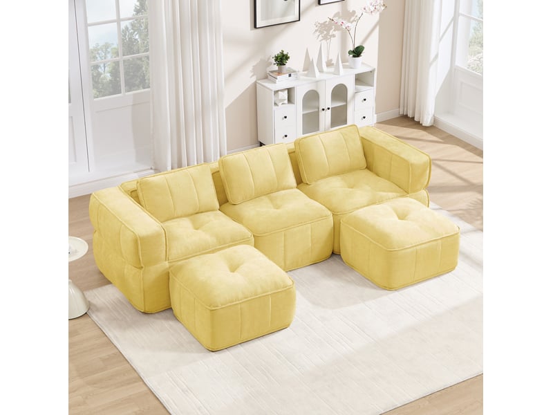  Canapé modulable en u 3 places avec 2 poufs, en polyester jaune  - Conforama B