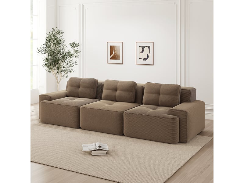  Canapé d'angle, canapé modulable – 3 places, sans cadre, sans montage, style cloud, en velours tricoté, marron  - Conforama C