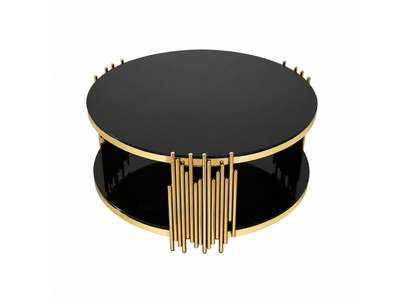  Table basse ronde en verre noir double plateau avec piètement en acier doré pour salon salle à manger ou bureau  - Conforama A