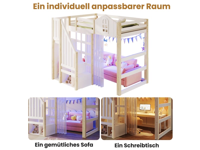Superbe lit mezzanine blanc et naturel 90x200, lit cabane avec éclairage led et escalier de rangement intégré pour enfant. - Conforama E