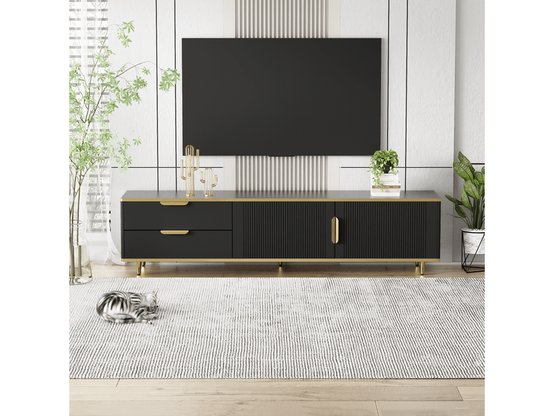  Meuble tv 175x40x45cm, meuble télé, 2 tiroirs de rangement, 2 portes avec texture sculptée, panneau de particules noir  - Conforama B