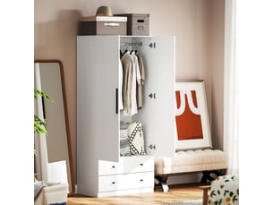 Armoire blanche avec 2 portes, espace de suspension avec barre à vêtements et 2 tiroirs en mdf