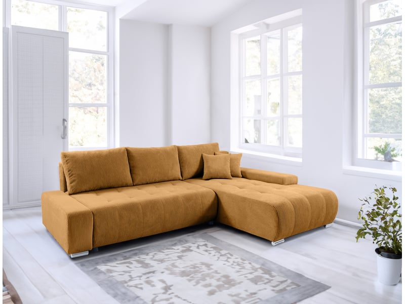  Canapé d'angle convertible velutti l velours côtelé poso jaune, méridienne droite avec coffre  - Conforama B