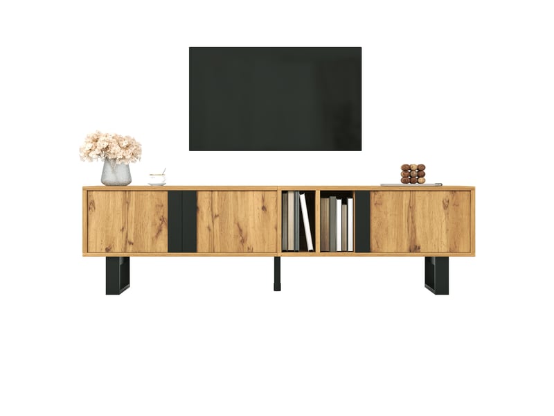 Meuble tv 160 cm bois naturel 3 portes pieds métal noir  - Conforama A