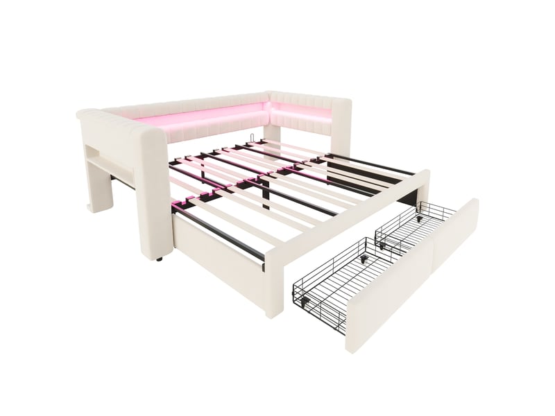  Lit canapé extensible velours beige 90/180x190 cm avec tiroirs, led, usb et type-c  - Conforama E