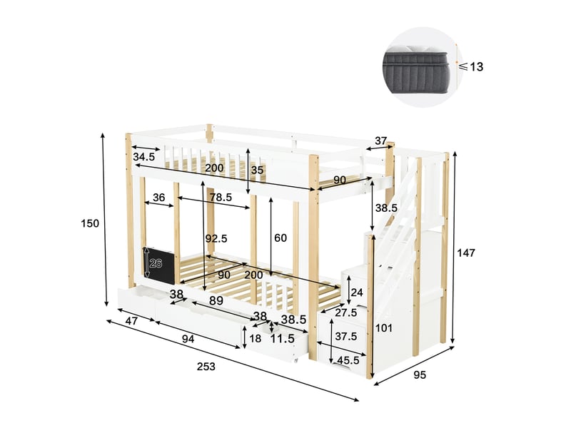  Lit superposé 90x200 cm, lit enfant avec escalier de rangement, 3 tiroirs sur roulettes et petit tableau noir, en bois de pin massif et mdf, blanc  - Conforama E