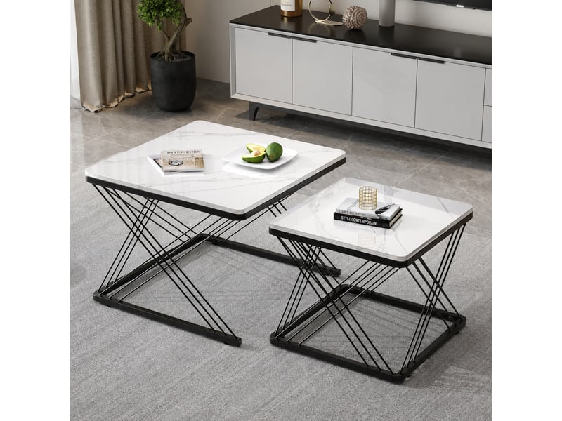  Ensemble de deux tables basses carrées, effet marbre brillant, pieds réglables, blanc et noir  - Conforama D