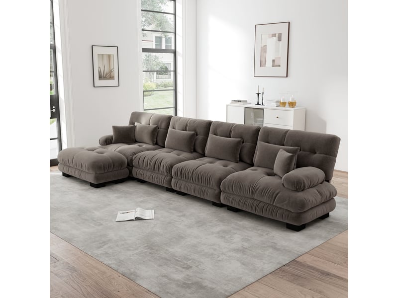  Canapé d'angle modulaire avec ottoman mobile, assise profonde et coussins, en chenille, marron  - Conforama D
