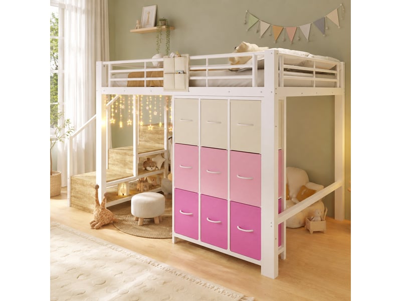  Lit mezzanine 140x200 cm avec rangements et penderie blanc  - Conforama D