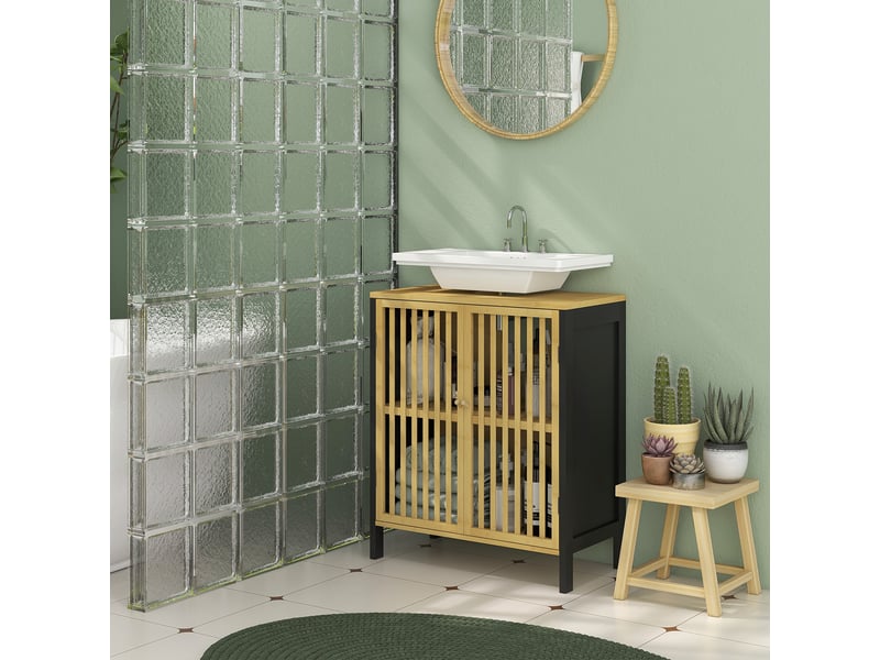  Meuble sous lavabo 60 x 30 x 70 cm, bambou et mdf, 2 portes à lattes, découpe en u  - Conforama D