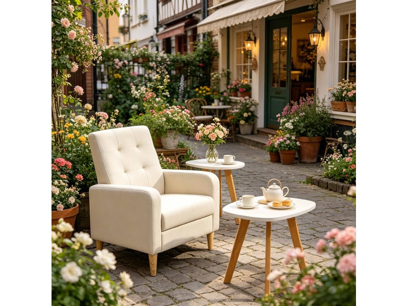  Fauteuil de salon rembourré avec dossier incliné ergonomique et accoudoirs, en lin et bois massif beige  - Conforama C
