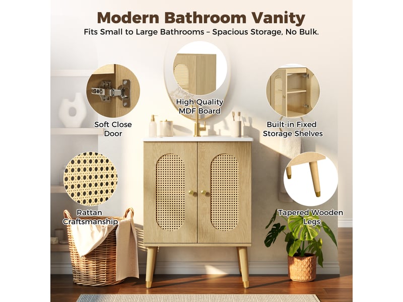  Meuble salle de bain 61cm avec vasque céramique, portes rotin, bois naturel  - Conforama C