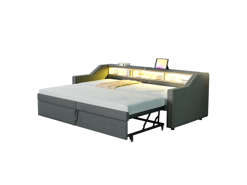 Canapé-lit gigogne 90180 x 200 cm avec rangement, led et usb gris foncé - Conforama A