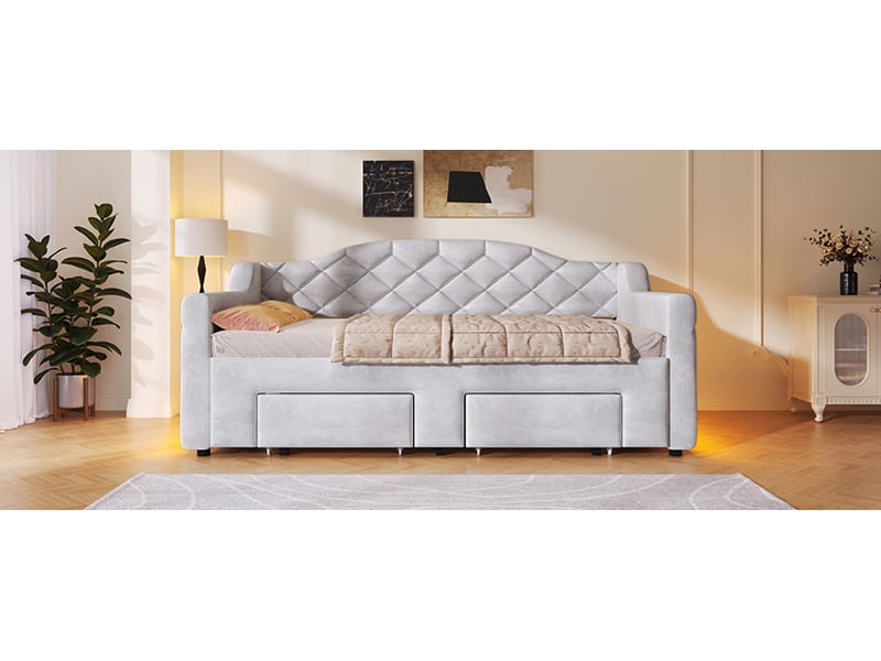 Lit banquette extensible 90x200 à 180x200 cm en mdf, contreplaqué et velours avec 2 tiroirs et led gris chicfurn - Conforama E
